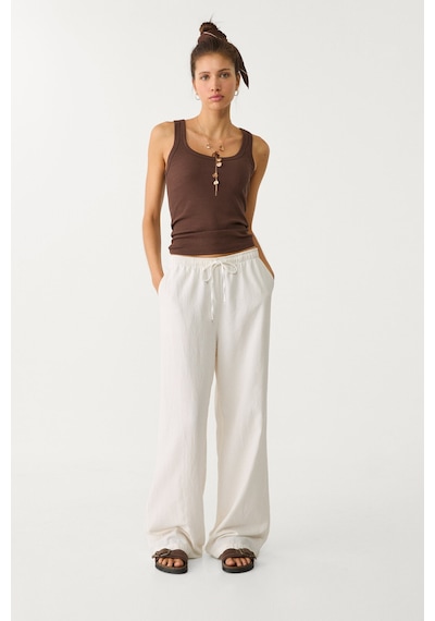 Trendy Mall Sofya Keten Bol Kesim Pantolon Beyaz Beyaz