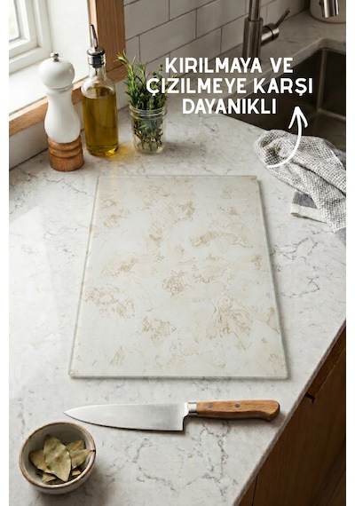 Nora Model İnce Mermer Desenli Cam Kesim Tahtası - 25x35cm - Dayanıklı Ve Pratik Kesim Matı Ekru