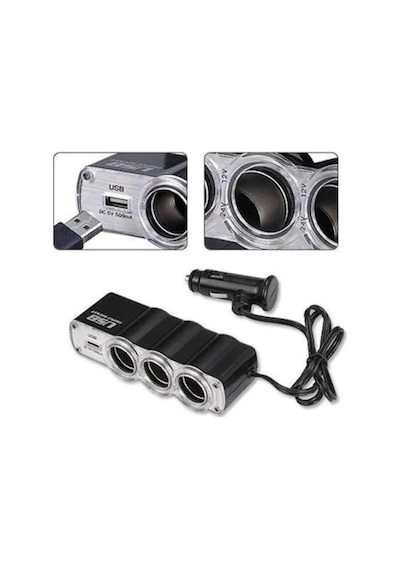 3 Çıkışlı 12/24 Volt Usb Oto Çakmaklık Çoğaltıcı, 60w, Siyah