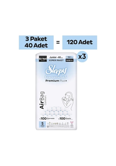 Sleepy Bio Natural Premium Plus Airbag Comfort Mega Paket Bebek Bezi 5 Numara Junior 120 Adet