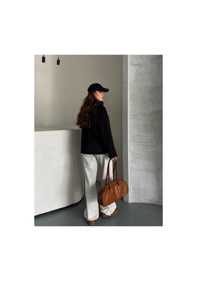 Asur Boutique Asur Butik Kadın Keçeli Kumaş Tokalı Fermuarlı Ceket Siyah
