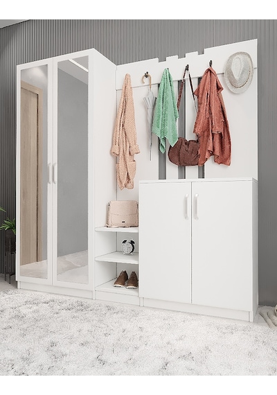 Flora Aynalı Portmanto Vestiyer- Beyaz 200 cm