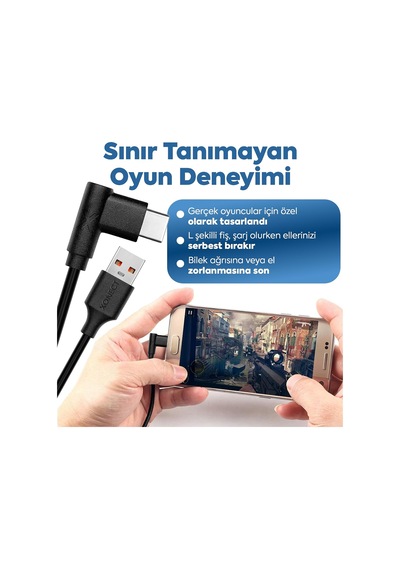 Usb To Type-c İle Uyumlu İphone Ve Samsung İle Uyumlu Hızlı Şarj Ve Data Kablosu 100 Cm L Tipi Gaming Siyah