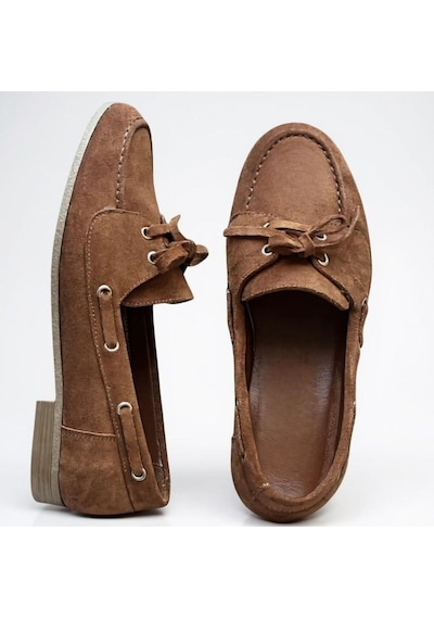 Ne&ve Shoes Taba Süet Hakiki Deri Bağcıklı Makosen Kadın Kolej Loafer