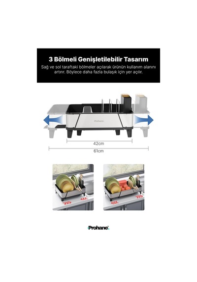 Prohane Inox Master Kd600 304 Paslanmaz Çelik Genişletilebilir Bulaşıklık Geniş Kapasiteli Tezgah Üstü Kurutmalık, Su Tahliye Tepsili 50 x 22