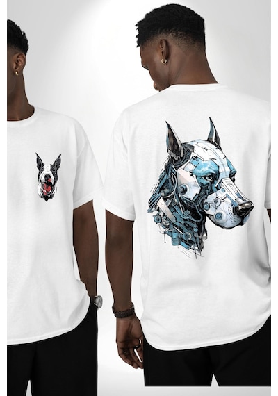 Robot Cyborg Köpek Doberman Beyaz Oversize Unisex Ön Ve Sırt Baskılı Tişört Beyaz