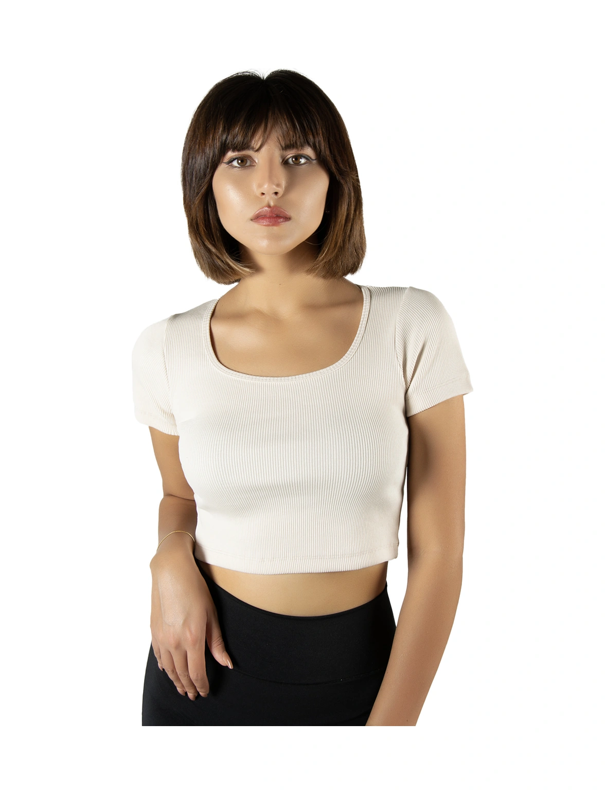 Veaven Krem Havuz Yaka Fitted/vücuda Oturan Kısa Kol Crop Tişört Krem