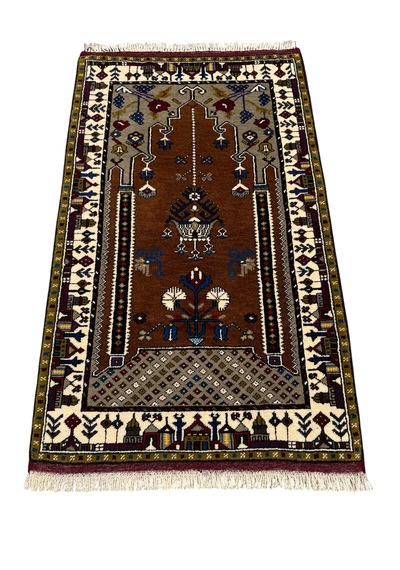El Dokuması Sıfır Yahyalı Seccade 85x140 Kahverengi Beyaz Kök Boya %100 Yün Açık Kahverengi