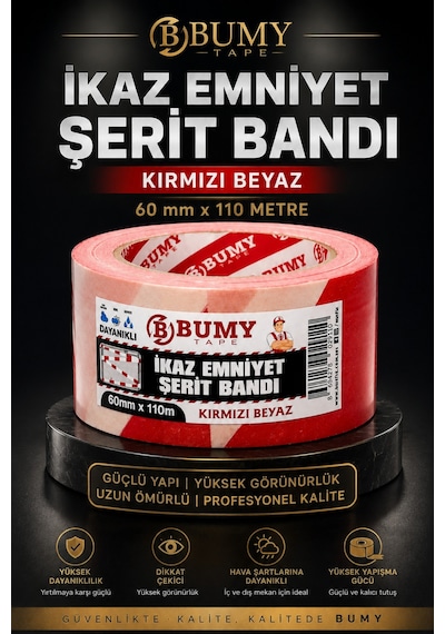 Kırmızı Beyaz Emniyet Şeridi İkaz Bandı 60 Mm X 110 Metre Uyarı Şerit Bantı Güvenlik Alan