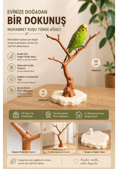 Doğal Dal Tasarımlı Muhabbet Kuşu Tünek Ağacı Dekoratif Kuş Tüneği Pla+ 3d Baskı 20 Cm