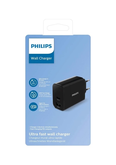 Philips Uyumlu Dlp2621/12 Usb-A Type-C 30W Şarj Adaptörü Siyah
