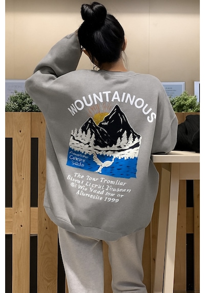 Benroma 3 İplik Penye Mountainous Baskılı Sweatshirt Gri