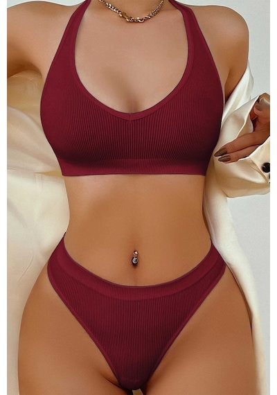 Moda Dua Kadın Bordo Seamless Tanga Sütyen Takım