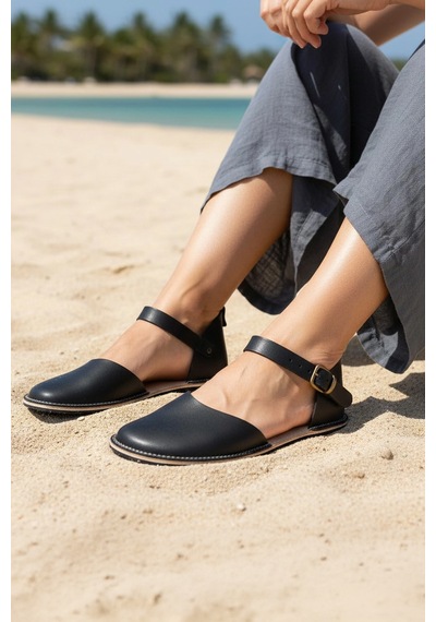 Bodhi Handcraft Kadın Barefoot Hakiki Deri Minimalist Günlük Sandalet El İmalatı Siyah