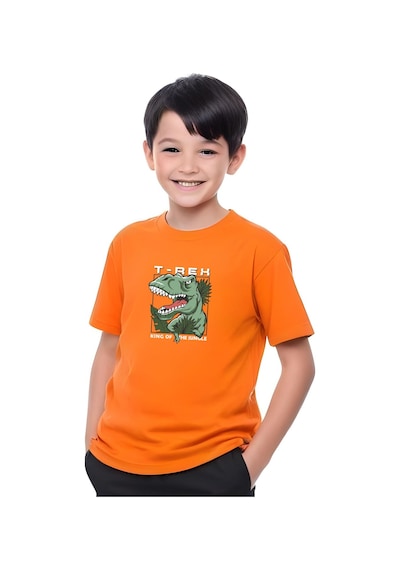 Panios Kids T-rex Baskılı Erkek Çocuk Kısa Kollu Tişört Turuncu
