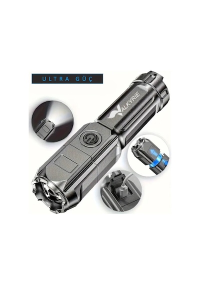 Valkyrie Şarjlı Ultra Güç El Feneri Zoom 3 Mod Type-c Uzun Kullanım Suya Dayanıklı Siyah