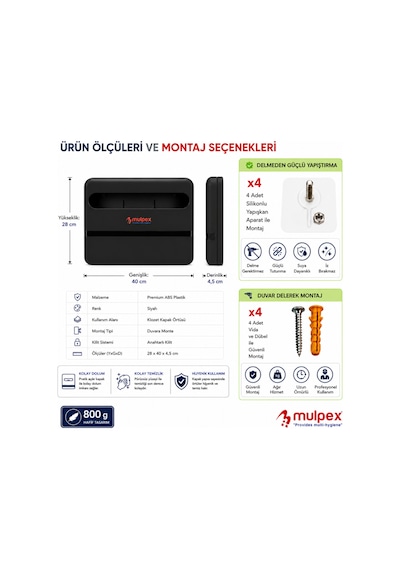 Mulpex Yarım Katlı Klozet Kapak Örtüsü Dispenseri Siyah Abs Plastik Kilitli 40x28x4,5 Cm
