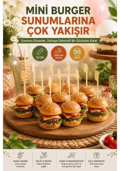 50 Li Dekoratif Golf Saplı Bambu Kürdan 12cm Kanepe Parti Davet Sunum Kokteyl Aperatif Kürdan Seti