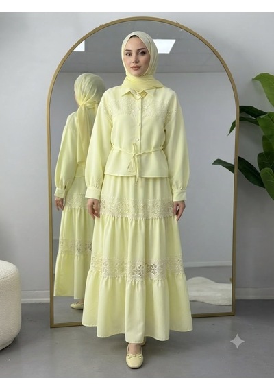 Lovie Moda Dantel Şeritli Gömlek Etekli Takım Sarı