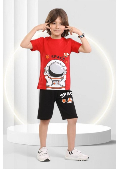 Veramoni Yazlık Çocuk Space Baskılı Kısa Kollu Bisiklet Yaka T-shirt Şort Alt Üst Takım Kırmızı