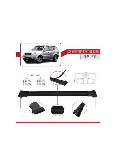 Ssangyong Rexton Y250 2006-2012 Arası İle Uyumlu Fly Model Ara Atkı Tavan Barı Siyah