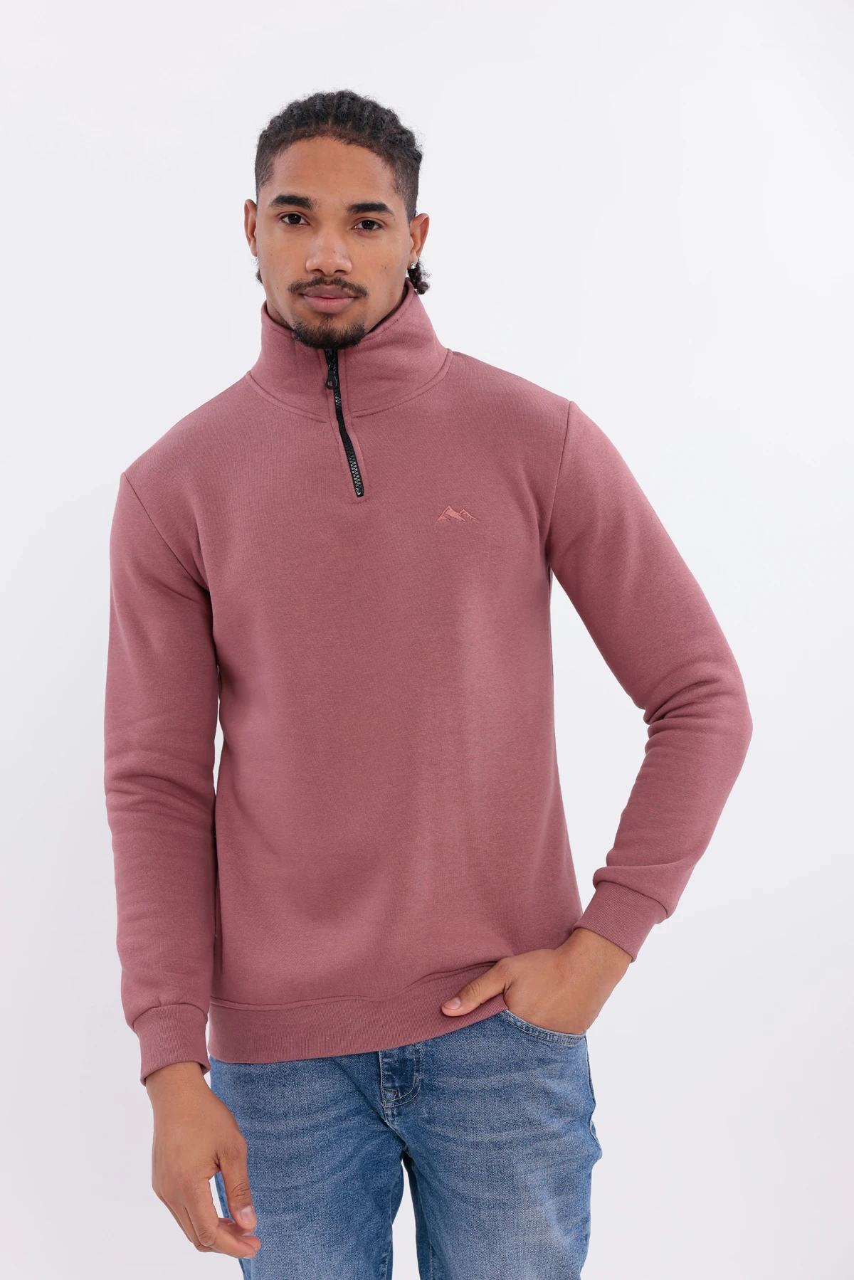 S4 Yarım Fermuarlı 3 İplik Şardonlu Sweatshirt Gülkurusu
