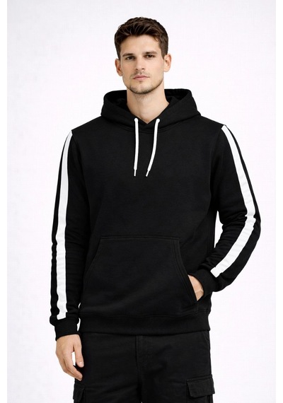 Barlashive Erkek Şeritli Kapüşonlu Sweatshirt Oversize 3 İplik Pamuklu Hoodie - Siyah Çok Renkli