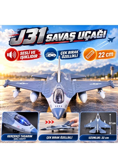 Oyuncak Uçak Fighter Power J31 Gri Renkli Sesli-ışıklı Metal Gövde Çek-bırak Askeri 21 Cm