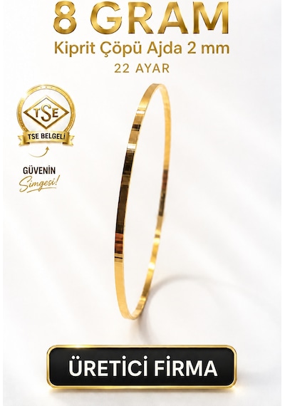 22 Ayar Tse Belgeli 8 Gram 2 Mm Kibrit Çöpü Ajda Altın Bilezik İşçiliksiz