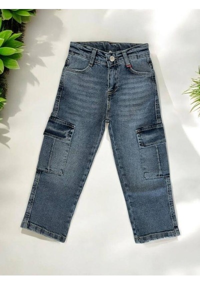 Çikoby Erkek Çocuk Yan Cepli Kargo Yumuşak Esnek Kot Pantolon-14955 Mavi