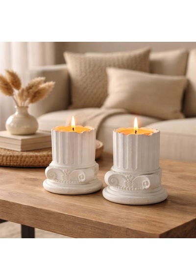 Antik Roma Sütun Tealight Mumluk Seti, Beyaz, Taş Tozu, 10 Cm, Vintage Stil, 2'li Set Diğer