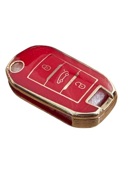 Autohan Keys Peugeot İçin Anahtar Kılıfı, 3 Düğmeli, 301 307 308 208 508 2008 3008 Partner Van Uyumlu, Kırmızı-altın Renk, Premium Sustaıı Tasarım