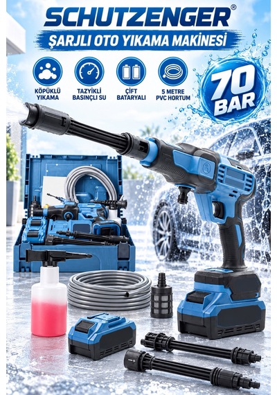 Akülü Şarjlı Araba Oto Yıkama Makinesi Tabancası Mikrofiber Kurulama Bez Detaylı Temizleme Cılalı Şampuan Mavi T6