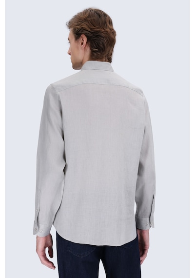 Hatemoğlu Yeşil Comfort Fit Düğmeli Yaka %100 Keten Uzun Kollu Casual Gömlek