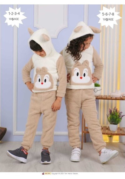Aden Kids Peluş Çoçuk Alt Üst Takım Beyaz - Kahverengi