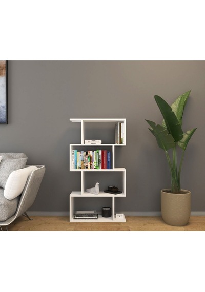 4 Raflı Kitaplık, Dekoratif Raf Zigzag Kitaplık, Beyaz Renk