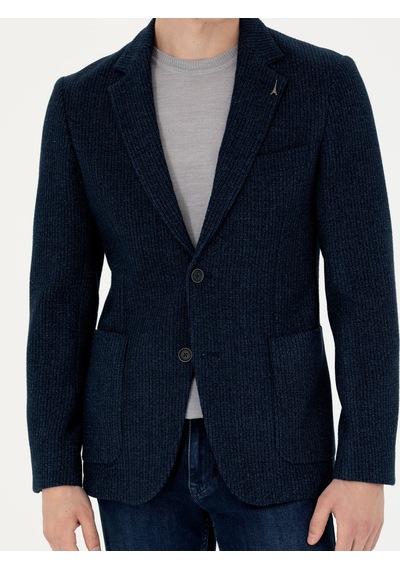Cacharel Lacivert Slim Fit Yün Karışımlı Flanel Ceket