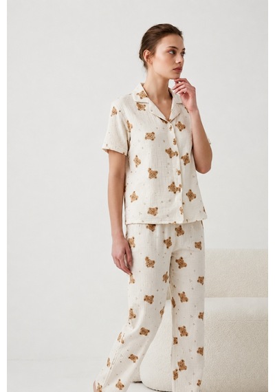 V Yaka Kapama Lastik Bel Kırık Beyaz Pijama Takımı