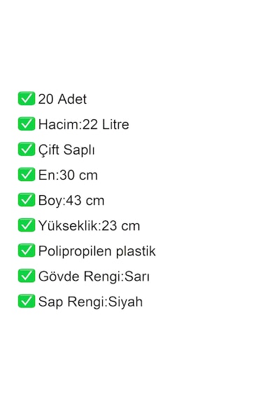 Plastik Alışveriş El Sepeti Çift Saplı 22 Litre Sarı 20 Adet / En:30 Boy:43 Yükseklik:22 Cm Sarı