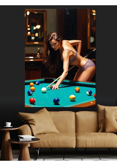 Ahşap Tablo Bilardo Oynayan Güzel Kadın