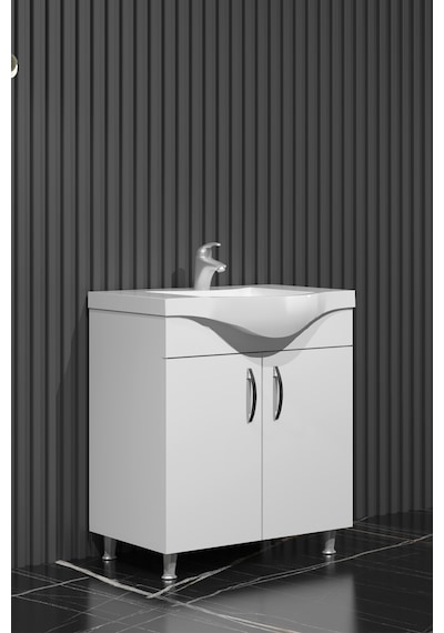 Yıldız 75 Cm Beyaz Mdf Lavabolu Ayaklı Kulplu Banyo Alt Dolabı Beyaz