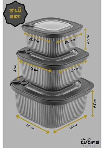 3lü Mikrodalga Ve Difriz Kullanımına Uygun Vakumlu Sızdırmaz Saklama Kabı Seti 600-1100-1800 Ml Gri