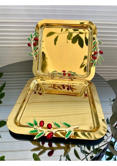 Atabey Home Collection 6'lı Kahve & Çay & Sunum Tepsisi Gold Tepsi Zeytin Dali & Kiraz Modele Uyumlu