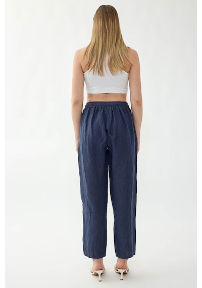 Vitrin %100 Keten Beli Lastikli Cepli Geniş Paça Pantolon Lacivert