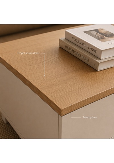 The Voguemaxima Mirelay 2 Çekmeceli Kayın Ahşap Ayaklı Orta Sehpa 90 60 40 Cm Bej