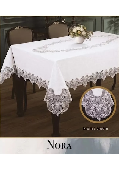 155x260 Cm Nora Model Krem-krem Keten Tablecloth Şık Ev Dekoru