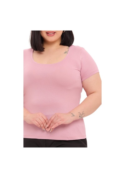 Disentis Büyük Beden U Yaka Kısa Kollu Viskon Pembe Body Pembe