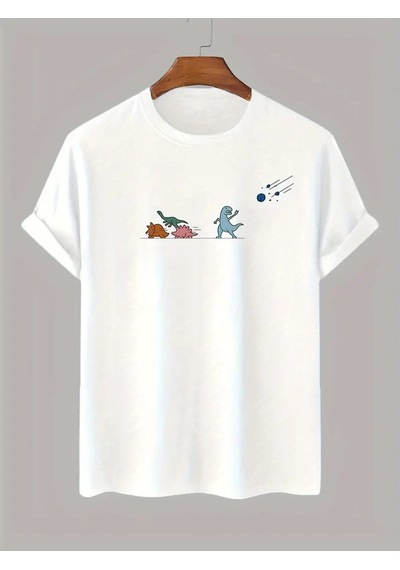 Flood Of Style Unisex Beyaz Meteor Dinazor Baskılı Oversize