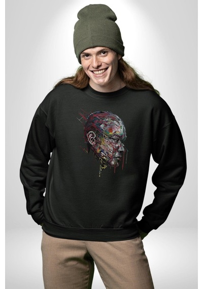 İnsan Kafası Sulu Boya Unisex Siyah Baskılı Sweatshirt Siyah