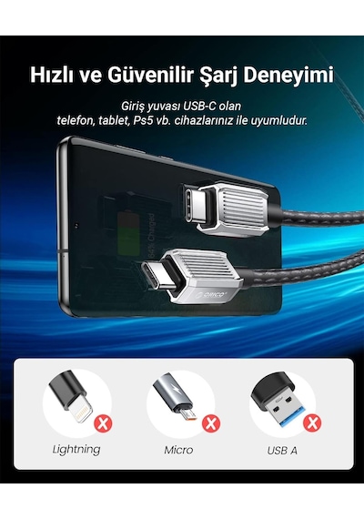 Orico GQZ60-15-BK-BP 60W PD Type-C To Type-C Hızlı Şarj Ve Data Kablosu 1.5 M Siyah